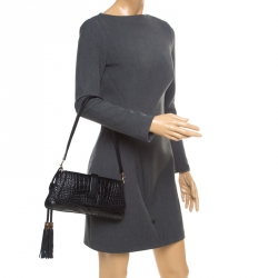 Pre Owned Lancel Black Croc Embossed Leather Flirt Clutch