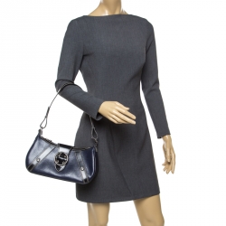 Lancel Dark Blue Lizard and Leather Shoulder Bag