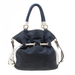 Pre Owned Lancel Blue/White Denim and Leather Premiere Flirt Bucket Shoulder Bag