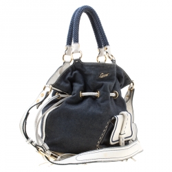 Pre Owned Lancel Blue/White Denim and Leather Premiere Flirt Bucket Shoulder Bag