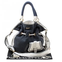 Pre Owned Lancel Blue/White Denim and Leather Premiere Flirt Bucket Shoulder Bag