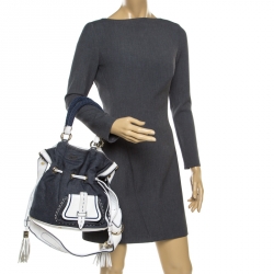 Pre Owned Lancel Blue/White Denim and Leather Premiere Flirt Bucket Shoulder Bag