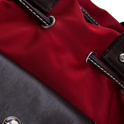 Pre Owned Lancel Red/Brown Nylon and Leather Drawstring Hobo