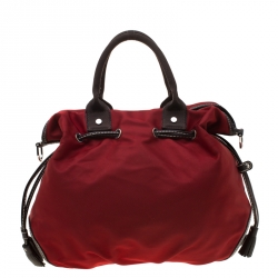 Pre Owned Lancel Red/Brown Nylon and Leather Drawstring Hobo