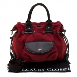 Pre Owned Lancel Red/Brown Nylon and Leather Drawstring Hobo