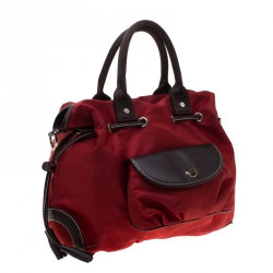 Pre Owned Lancel Red/Brown Nylon and Leather Drawstring Hobo