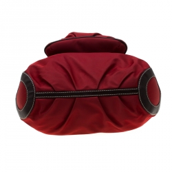 Pre Owned Lancel Red/Brown Nylon and Leather Drawstring Hobo