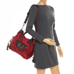 Pre Owned Lancel Red/Brown Nylon and Leather Drawstring Hobo