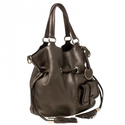 Pre Owned Lancel Dark Khaki Leather Premier Flirt Bucket Bag