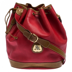 Lancel Red/Tan Leather Drawstring Bucket Bag
