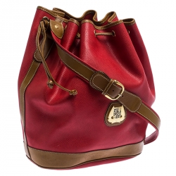 Lancel Red/Tan Leather Drawstring Bucket Bag