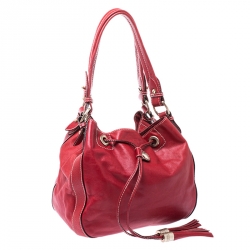 Lancel Red Leather Drawstring Bucket Bag