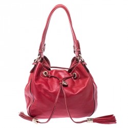Lancel Red Leather Drawstring Bucket Bag