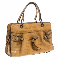 Pre Owned Lancel Light Brown Crocodile Embossed Leather Satchel