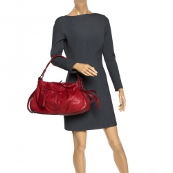 Pre Owned Lancel Red Pleated Leather Satchel