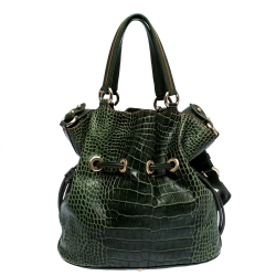 Pre Owned Lancel Green Croc Embossed Leather Premier Flirt Bucket Bag