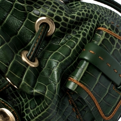 Pre Owned Lancel Green Croc Embossed Leather Premier Flirt Bucket Bag