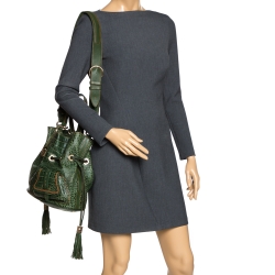 Pre Owned Lancel Green Croc Embossed Leather Premier Flirt Bucket Bag