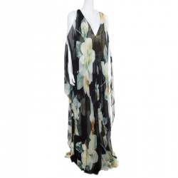 Pre Owned Lanvin Black Dark English Rose Printed Silk Cold Shoulder Overlay Maxi Dress XL