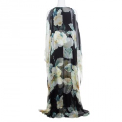 Pre Owned Lanvin Black Dark English Rose Printed Silk Cold Shoulder Overlay Maxi Dress XL