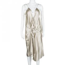 Pre Owned Lanvin Beige Silk Satin Draped Zip Detail Sleeveless Dress L