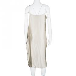 Pre Owned Lanvin Beige Silk Satin Draped Zip Detail Sleeveless Dress L