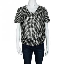 Pre Owned Lanvin Monochrome Textured Houndstooth Pattern Short Sleeve Top S