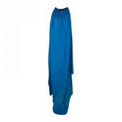 Pre Owned Lanvin Blue Draped Silk Frayed Edge Detail Sleeveless Asymmetric Dress M