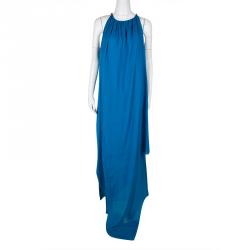 Pre Owned Lanvin Blue Draped Silk Frayed Edge Detail Sleeveless Asymmetric Dress M