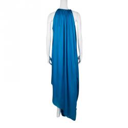 Pre Owned Lanvin Blue Draped Silk Frayed Edge Detail Sleeveless Asymmetric Dress M