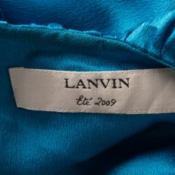 Pre Owned Lanvin Blue Draped Silk Frayed Edge Detail Sleeveless Asymmetric Dress M