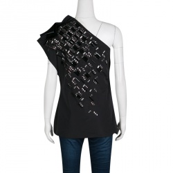 Pre Owned Lanvin Black Embellished Bow Detail One Shoulder Top M