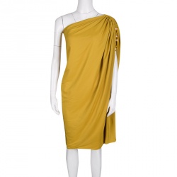 Pre Owned Lanvin Mustard Yellow One Shoulder Tie Detail Draped Dress M