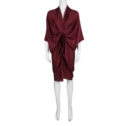 Pre Owned Lanvin Maroon Draped Silk Dress S