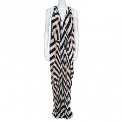 Pre Owned Lanvin Multicolor Chevron Patterned Silk Draped Maxi Dress L