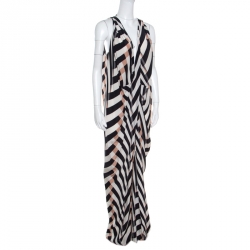 Pre Owned Lanvin Multicolor Chevron Patterned Silk Draped Maxi Dress L