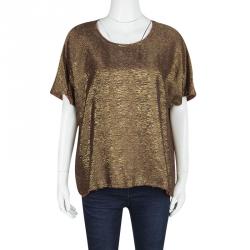 Pre Owned Lanvin Textured Gold Frayed Edge Detail Short Sleeve Blouse XL