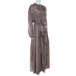 Pre Owned Lanvin Beige Printed Silk Front Slit Neckline Belted Maxi Dress L