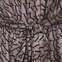 Pre Owned Lanvin Beige Printed Silk Front Slit Neckline Belted Maxi Dress L