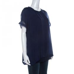 Pre Owned Lanvin Navy Blue Silk Chiffon Raw Edge Detail Short Sleeve Top XL 
