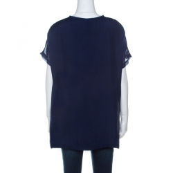 Pre Owned Lanvin Navy Blue Silk Chiffon Raw Edge Detail Short Sleeve Top XL 