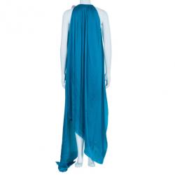 Pre Owned Lanvin Blue Silk Halterneck Floral Brooch Gown L