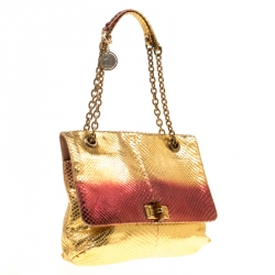 Pre Owned Lanvin Gold/Metallic Red Python Happy Shoulder Bag