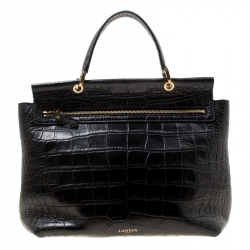 Pre Owned Lanvin Black/Brown Croc Embossed Leather Top Handle Bag