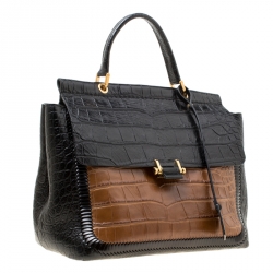 Pre Owned Lanvin Black/Brown Croc Embossed Leather Top Handle Bag