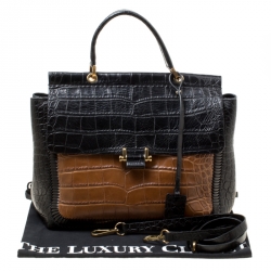 Pre Owned Lanvin Black/Brown Croc Embossed Leather Top Handle Bag