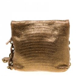 Pre Owned Lanvin Gold Lizard Embossed Leather Mini Happy Crossbody Bag