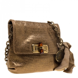 Pre Owned Lanvin Gold Lizard Embossed Leather Mini Happy Crossbody Bag
