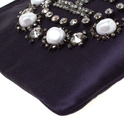 Pre Owned Lanvin Violet Embellished Satin Wristlet Clutch