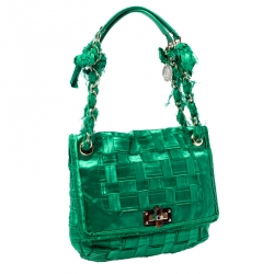 Pre Owned Lanvin Green Woven Satin Happy Flap Shoulder Bag